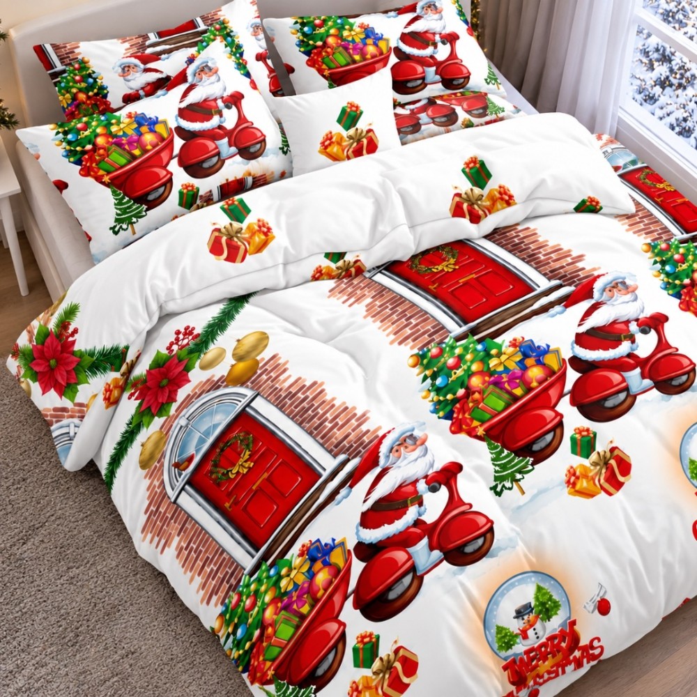 Lenjerie pat dublu, Bumbac Finet Satinat, 6 piese, Alb, Rosu, Christmas Time – imagine 2