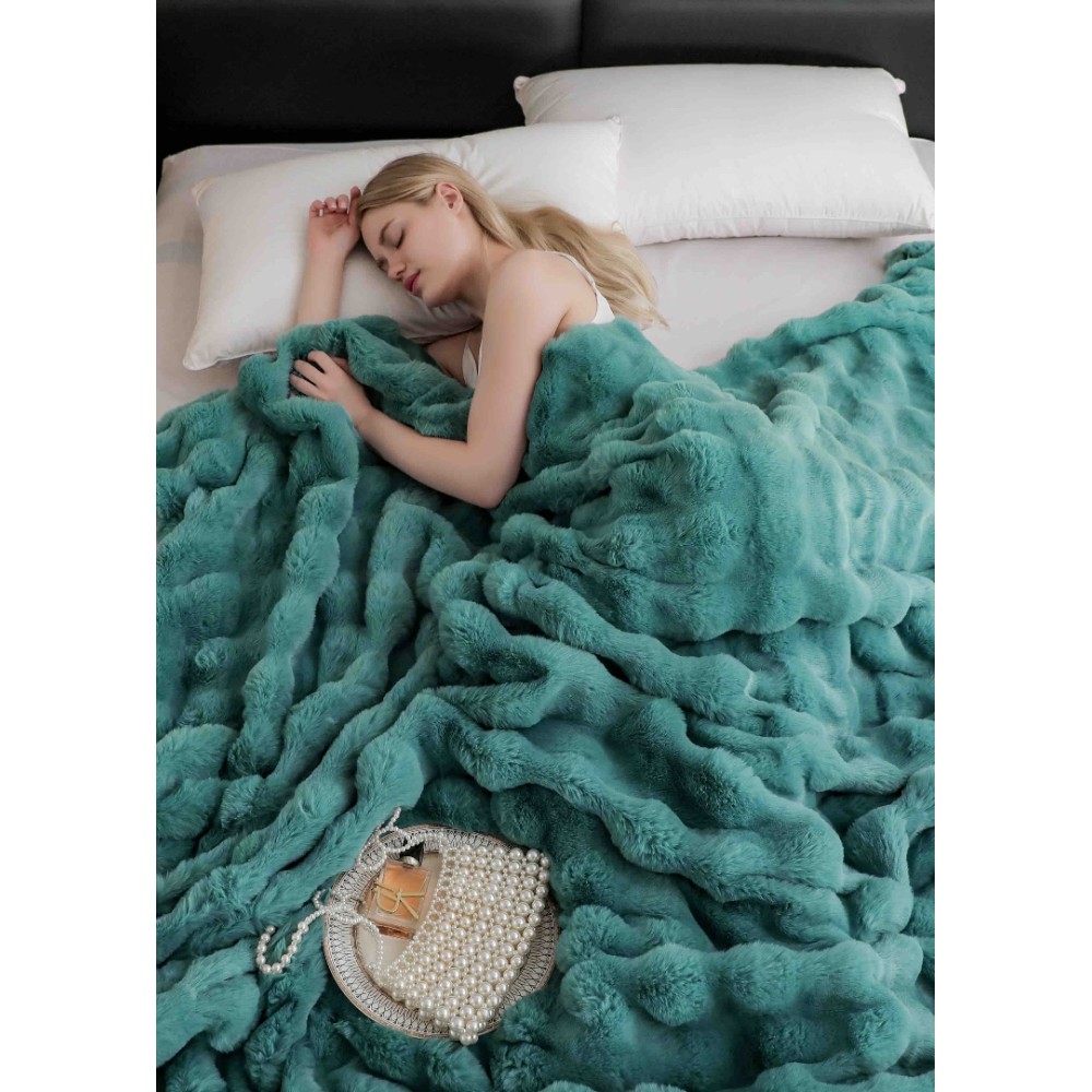 Patura Luxury Soft Touch, Jojo Home, cu Blanita Artificiala Tip Iepure, 200x230 cm, cu Fermoar, Turquoise – imagine 2