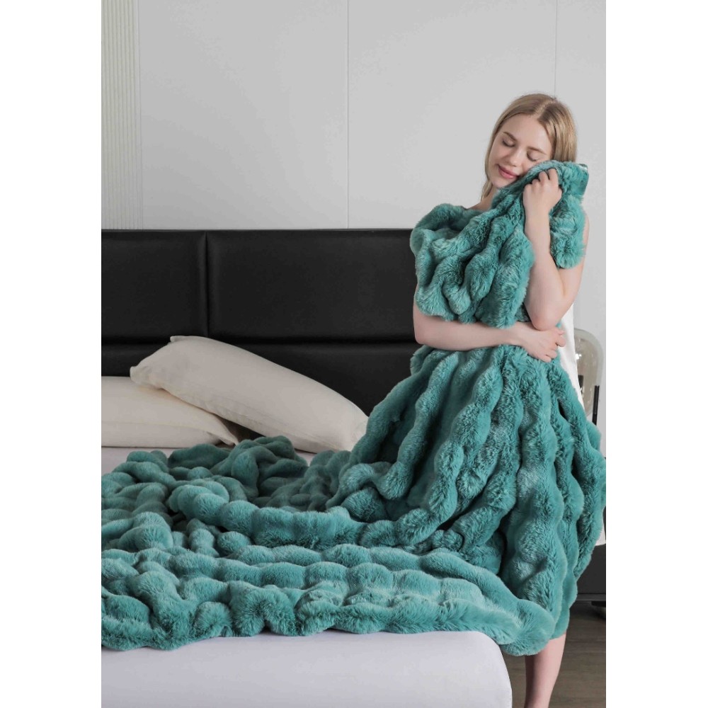 Patura Luxury Soft Touch, Jojo Home, cu Blanita Artificiala Tip Iepure, 200x230 cm, cu Fermoar, Turquoise – imagine 3
