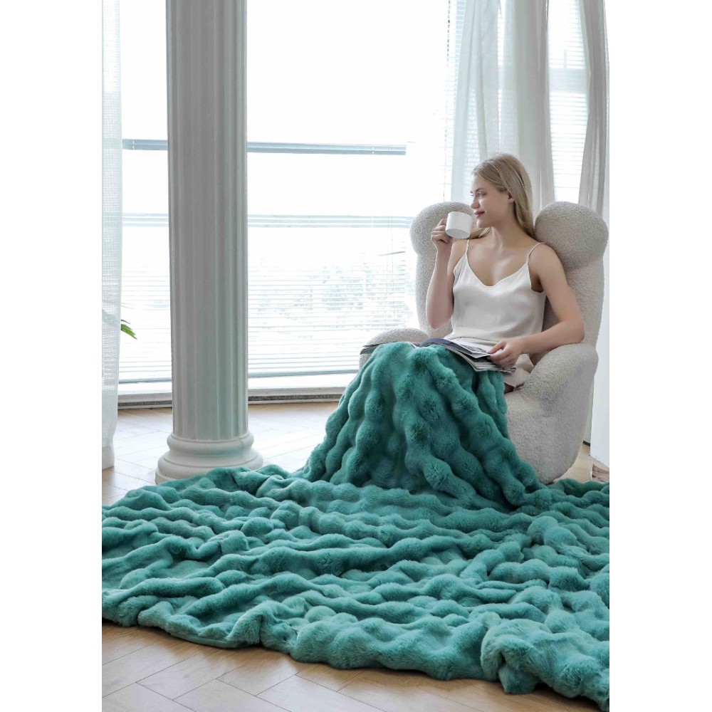 Patura Luxury Soft Touch, Jojo Home, cu Blanita Artificiala Tip Iepure, 200x230 cm, cu Fermoar, Turquoise – imagine 4