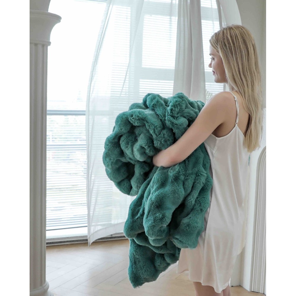 Patura Luxury Soft Touch, Jojo Home, cu Blanita Artificiala Tip Iepure, 200x230 cm, cu Fermoar, Turquoise – imagine 5