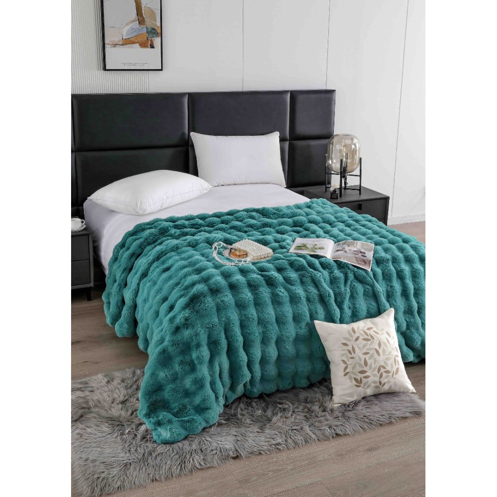 Patura Luxury Soft Touch, Jojo Home, cu Blanita Artificiala Tip Iepure, 200x230 cm, cu Fermoar, Turquoise – imagine 6