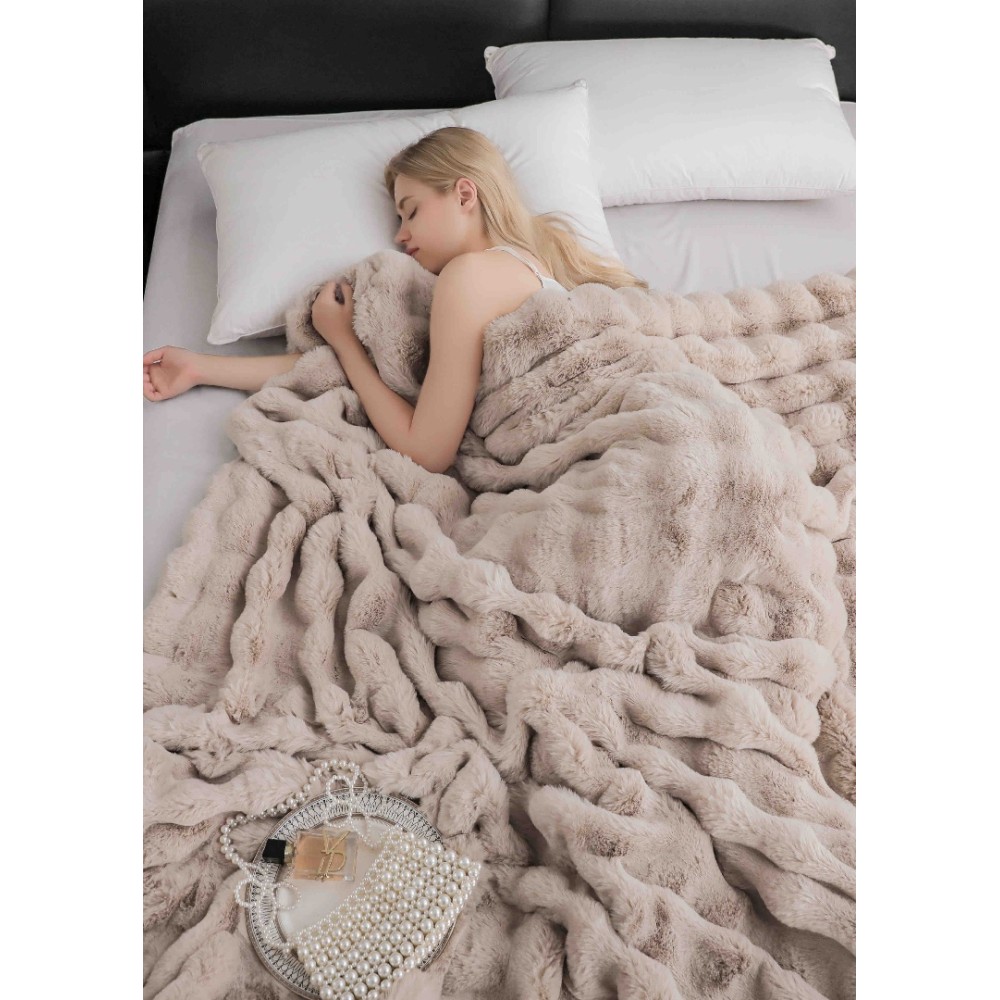 Patura Luxury Soft Touch, Jojo Home, cu Blanita Artificiala Tip Iepure, 200x230 cm, cu Fermoar, Turquoise – imagine 3