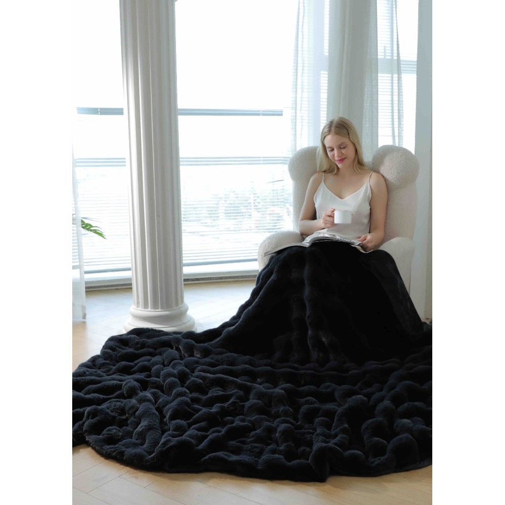Patura Luxury Soft Touch, Jojo Home, cu Blanita Artificiala Tip Iepure, 200x230 cm, cu Fermoar, Negru – imagine 2