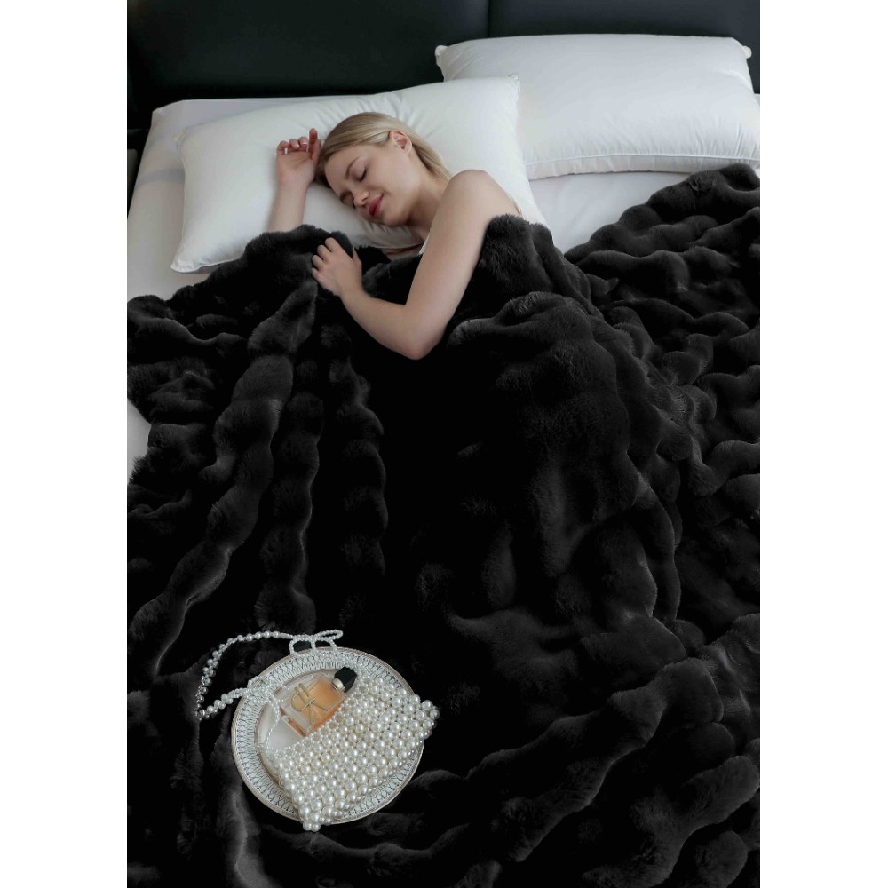 Patura Luxury Soft Touch, Jojo Home, cu Blanita Artificiala Tip Iepure, 200x230 cm, cu Fermoar, Negru – imagine 3