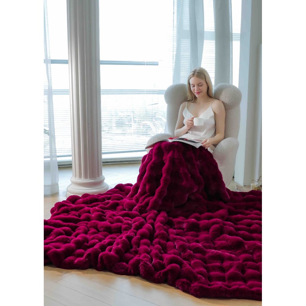 Patura Luxury Soft Touch, Jojo Home, cu Blanita Artificiala Tip Iepure, 200x230 cm, cu Fermoar, Grena – imagine 2