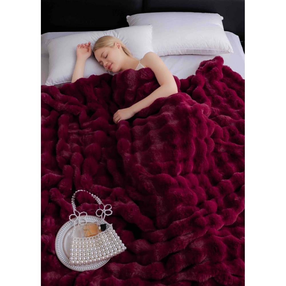 Patura Luxury Soft Touch, Jojo Home, cu Blanita Artificiala Tip Iepure, 200x230 cm, cu Fermoar, Grena – imagine 3