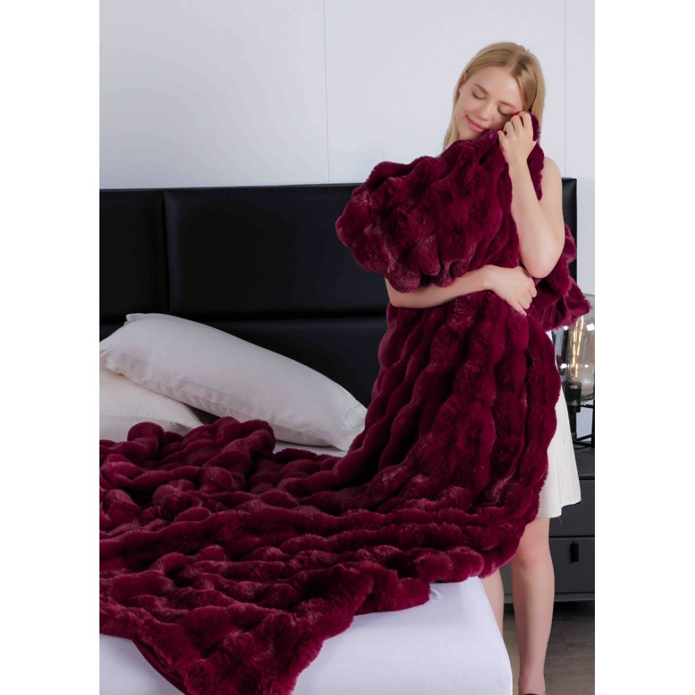 Patura Luxury Soft Touch, Jojo Home, cu Blanita Artificiala Tip Iepure, 200x230 cm, cu Fermoar, Grena – imagine 4