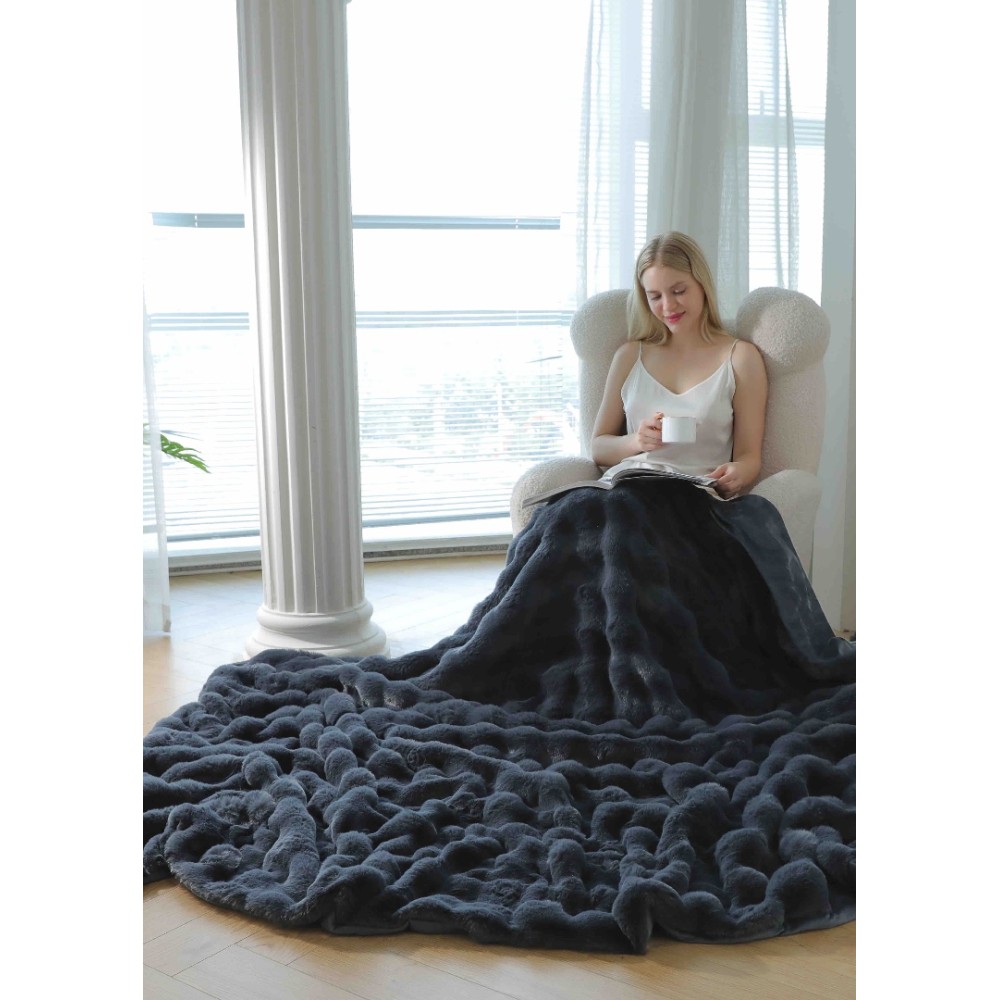 Patura Luxury Soft Touch, Jojo Home, cu Blanita Artificiala Tip Iepure, 200x230 cm, cu Fermoar, Antracit – imagine 2