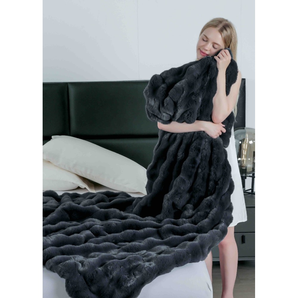 Patura Luxury Soft Touch, Jojo Home, cu Blanita Artificiala Tip Iepure, 200x230 cm, cu Fermoar, Antracit – imagine 4