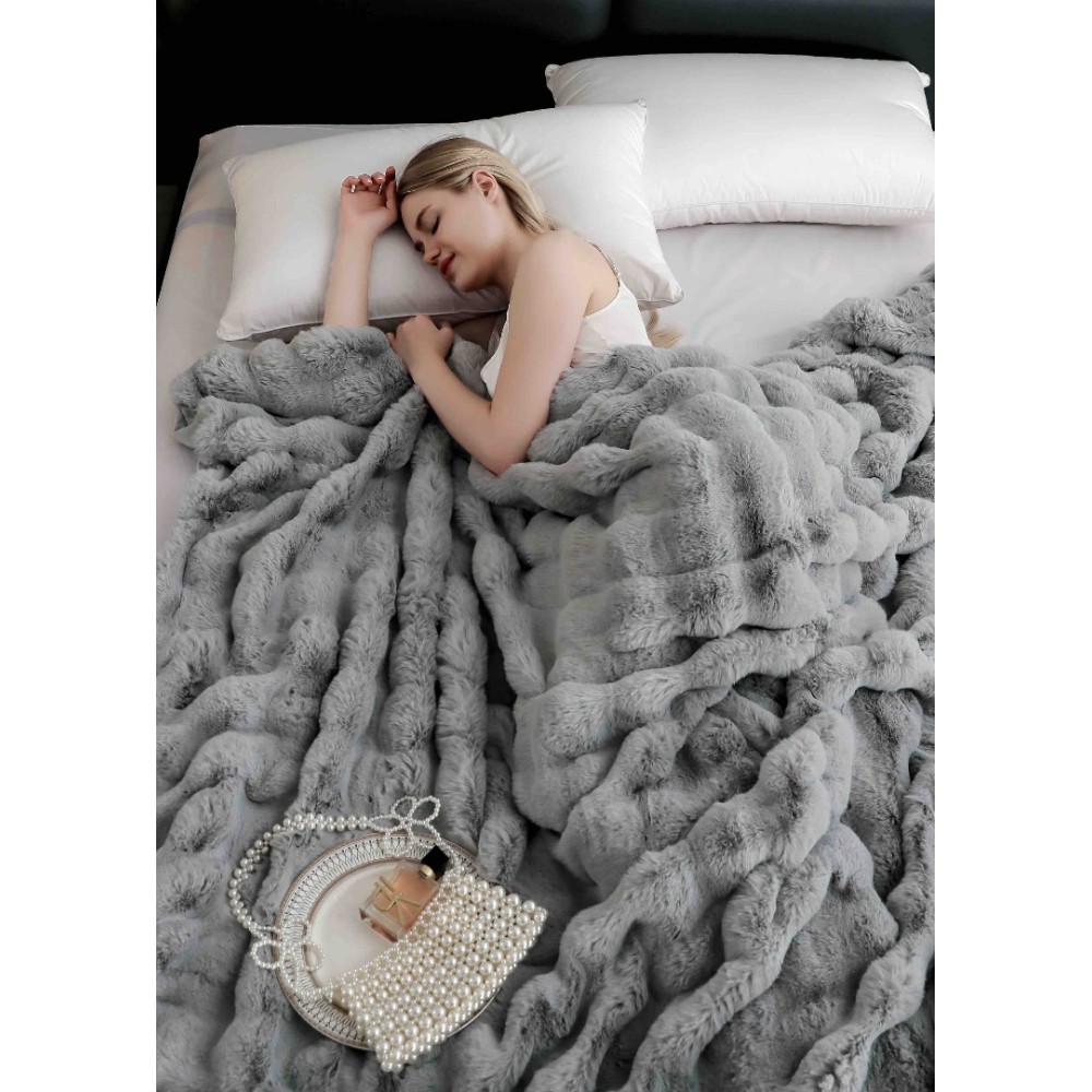 Patura Luxury Soft Touch, Jojo Home, cu Blanita Artificiala Tip Iepure, 200x230 cm, cu Fermoar, Gri – imagine 2