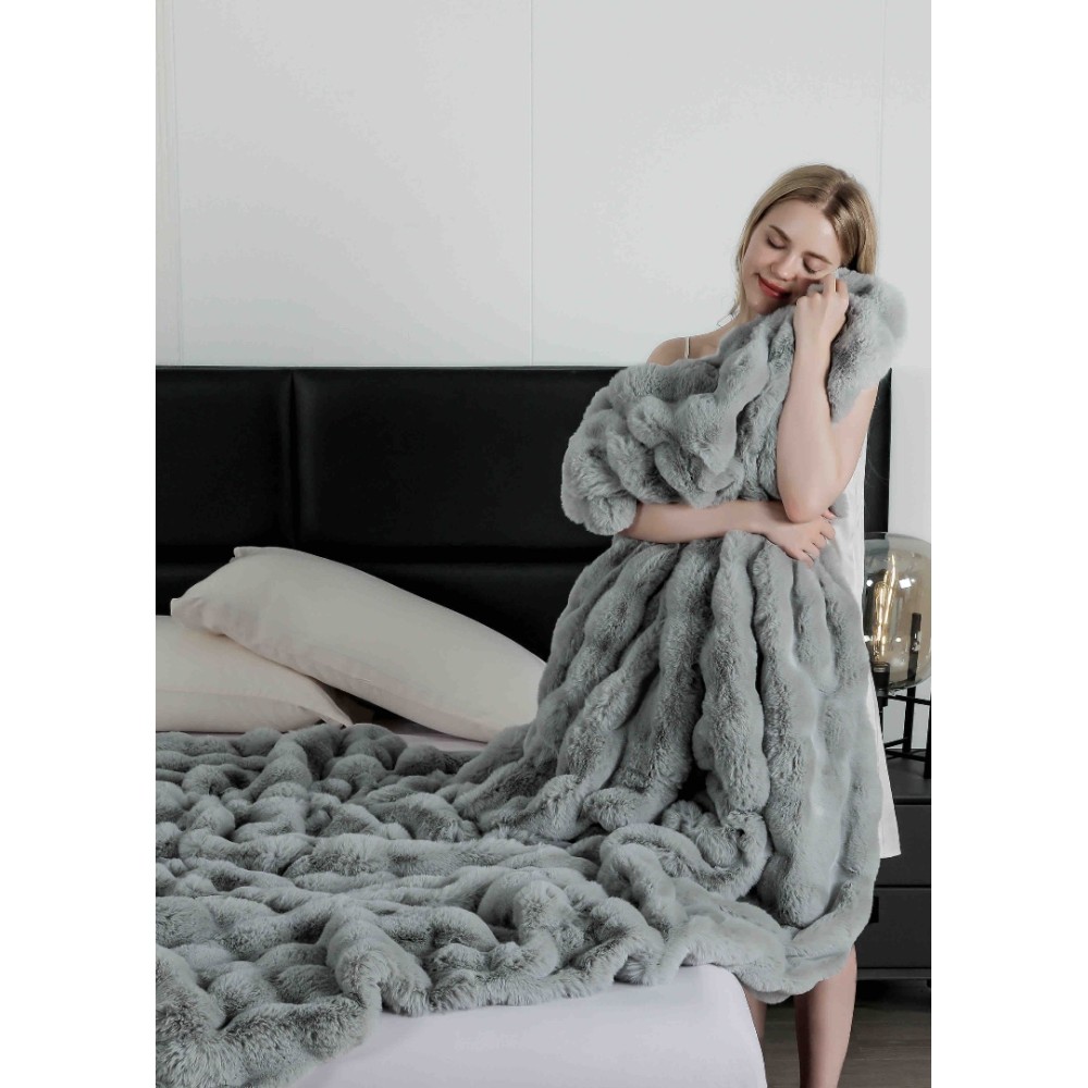 Patura Luxury Soft Touch, Jojo Home, cu Blanita Artificiala Tip Iepure, 200x230 cm, cu Fermoar, Gri – imagine 3