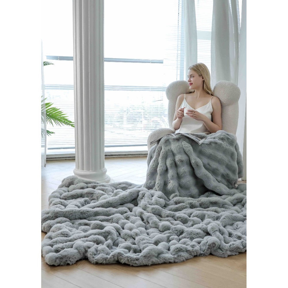 Patura Luxury Soft Touch, Jojo Home, cu Blanita Artificiala Tip Iepure, 200x230 cm, cu Fermoar, Gri – imagine 4