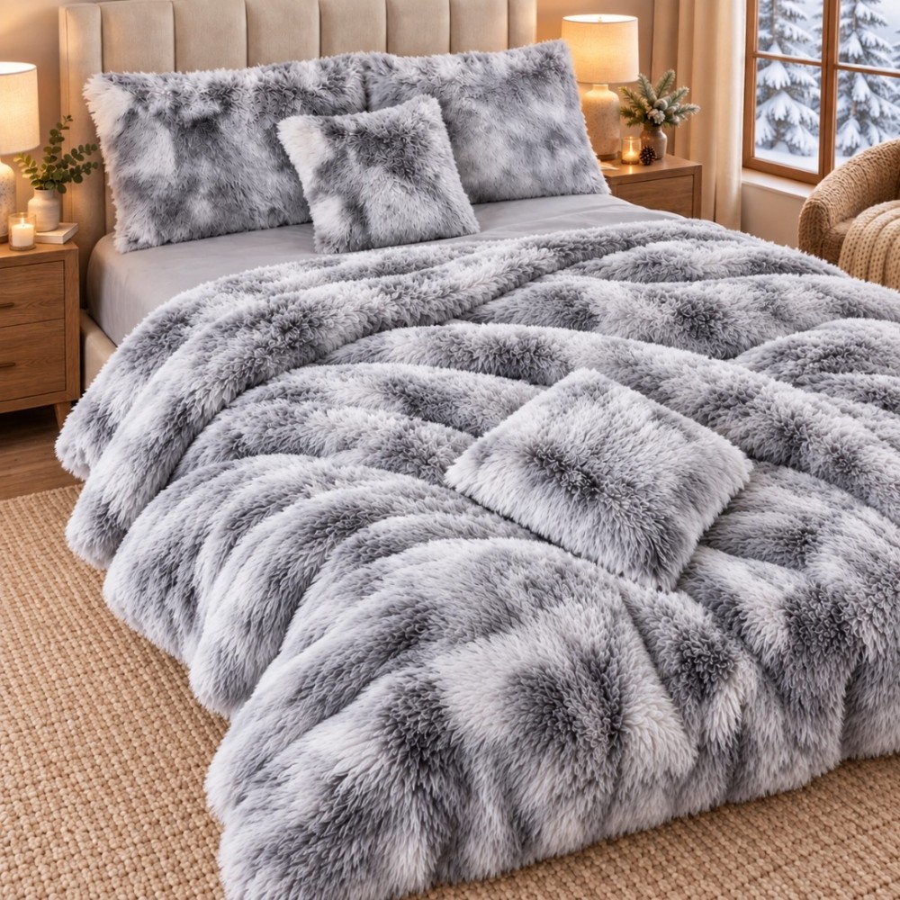 Lenjerie pat dublu, Super Pufoasa COCOLINO Fluffy, 6 piese, Gri, Degrade – imagine 2