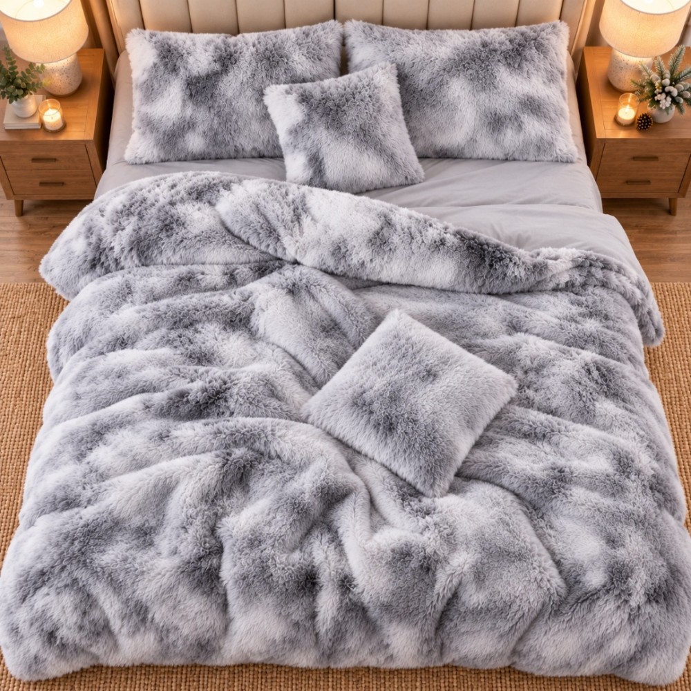 Lenjerie pat dublu, Super Pufoasa COCOLINO Fluffy, 6 piese, Gri, Degrade – imagine 3