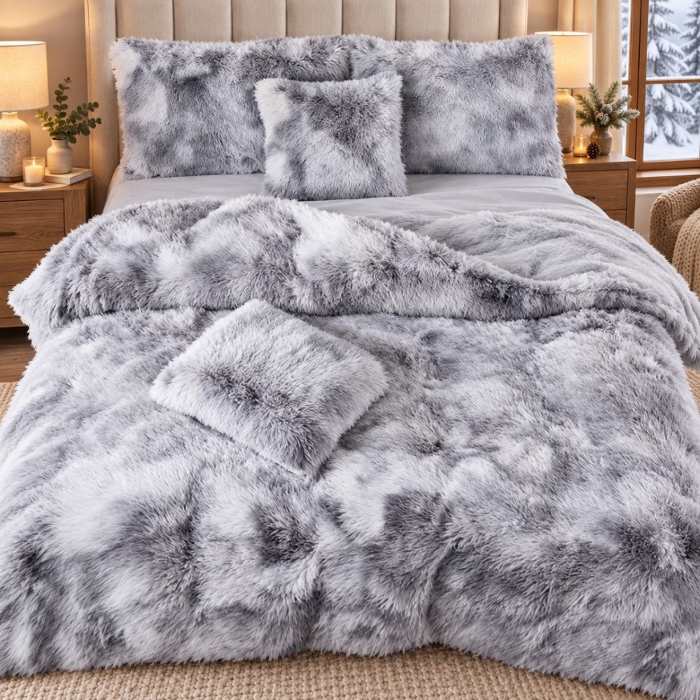 Lenjerie pat dublu, Super Pufoasa COCOLINO Fluffy, 6 piese, Gri, Degrade – imagine 4