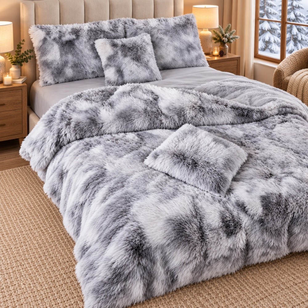 Lenjerie pat dublu, Super Pufoasa COCOLINO Fluffy, 6 piese, Gri, Degrade – imagine 5