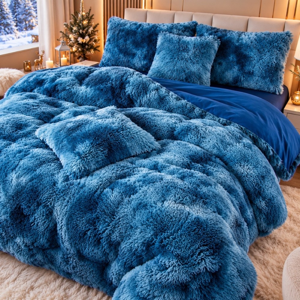Lenjerie pat dublu, Super Pufoasa COCOLINO Fluffy, 6 piese, Albastru, Degrade – imagine 3