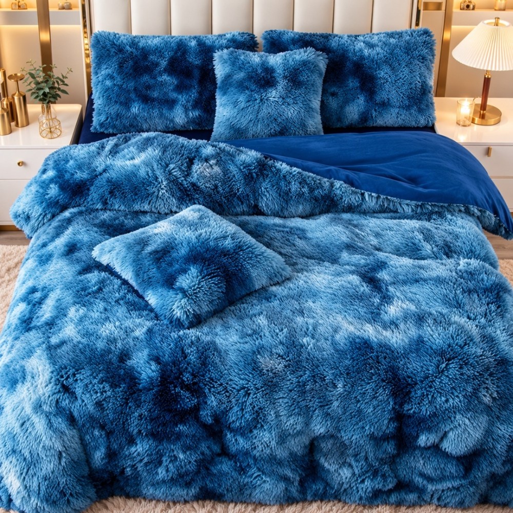 Lenjerie pat dublu, Super Pufoasa COCOLINO Fluffy, 6 piese, Albastru, Degrade – imagine 4