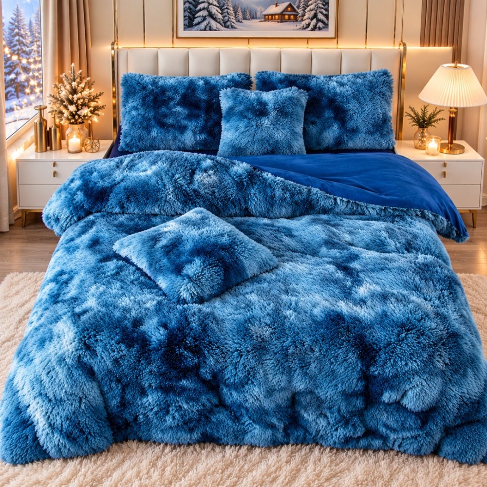 Lenjerie pat dublu, Super Pufoasa COCOLINO Fluffy, 6 piese, Albastru, Degrade – imagine 5