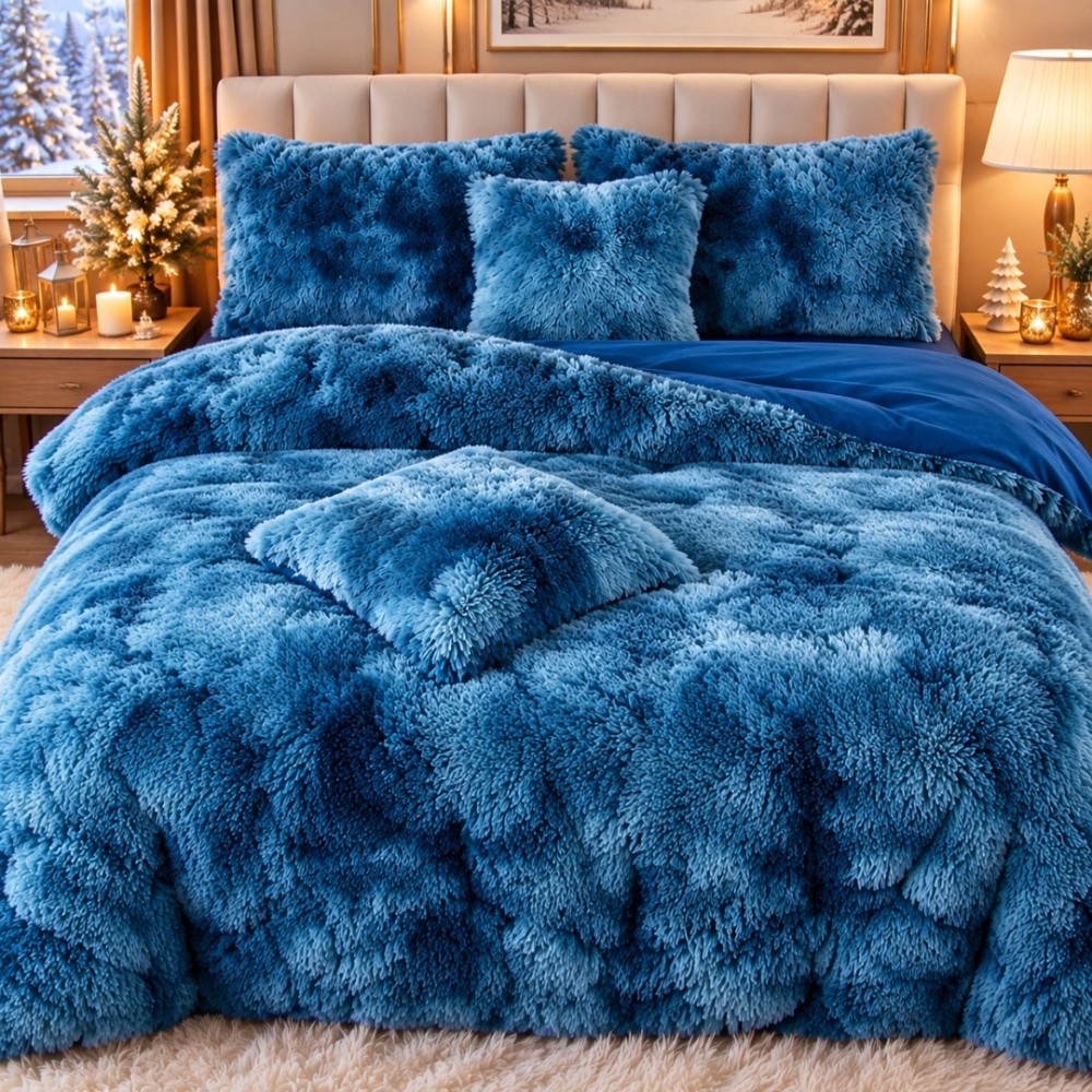 Lenjerie pat dublu, Super Pufoasa COCOLINO Fluffy, 6 piese, Albastru, Degrade – imagine 6