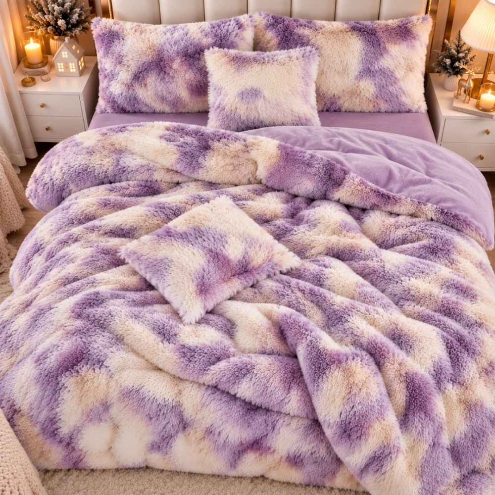 Lenjerie pat dublu, Super Pufoasa COCOLINO Fluffy, 6 piese, Lila, Degrade, Bej – imagine 2