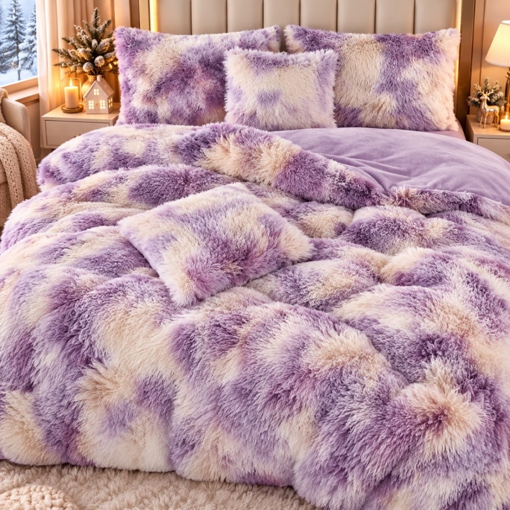 Lenjerie pat dublu, Super Pufoasa COCOLINO Fluffy, 6 piese, Lila, Degrade, Bej – imagine 3