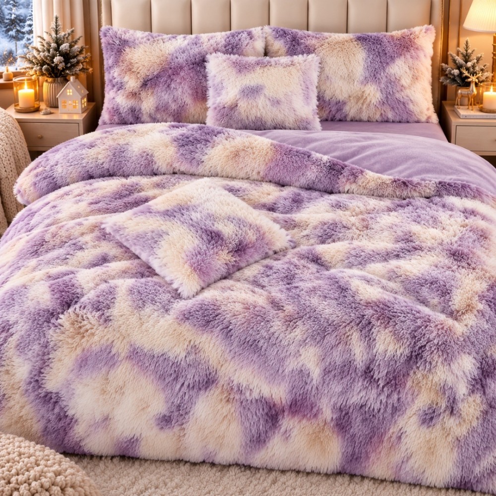 Lenjerie pat dublu, Super Pufoasa COCOLINO Fluffy, 6 piese, Lila, Degrade, Bej – imagine 4