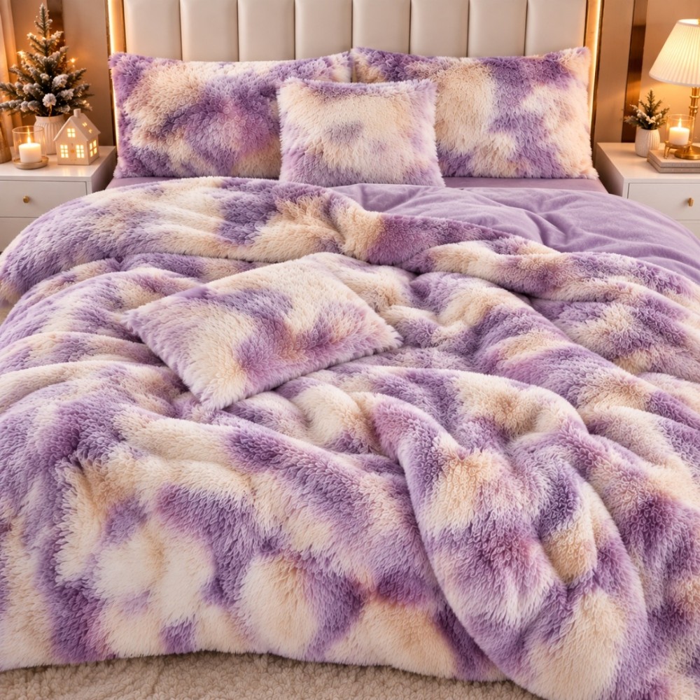 Lenjerie pat dublu, Super Pufoasa COCOLINO Fluffy, 6 piese, Lila, Degrade, Bej – imagine 5