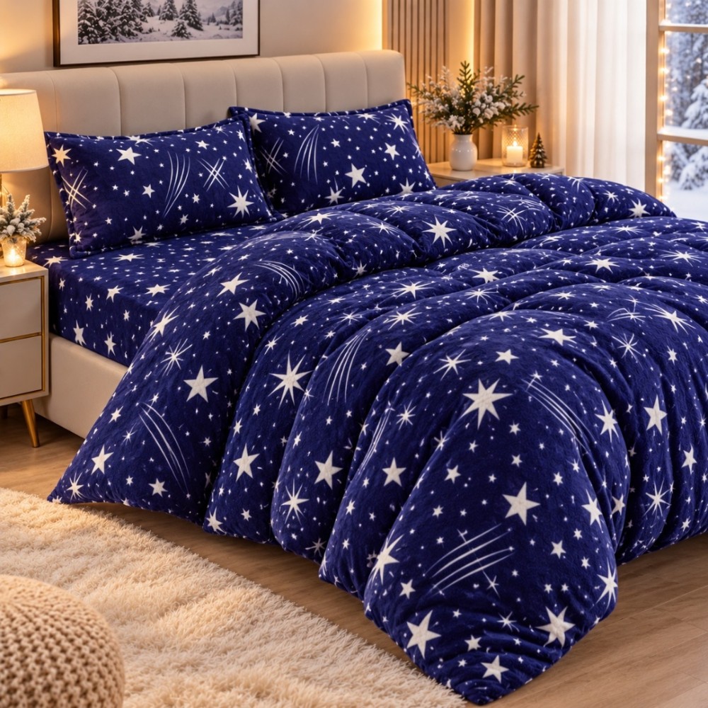 Lenjerie pat dublu, Super Pufoasa COCOLINO, 4 piese, Albastru, Ploaie de Stele — imaginea 3