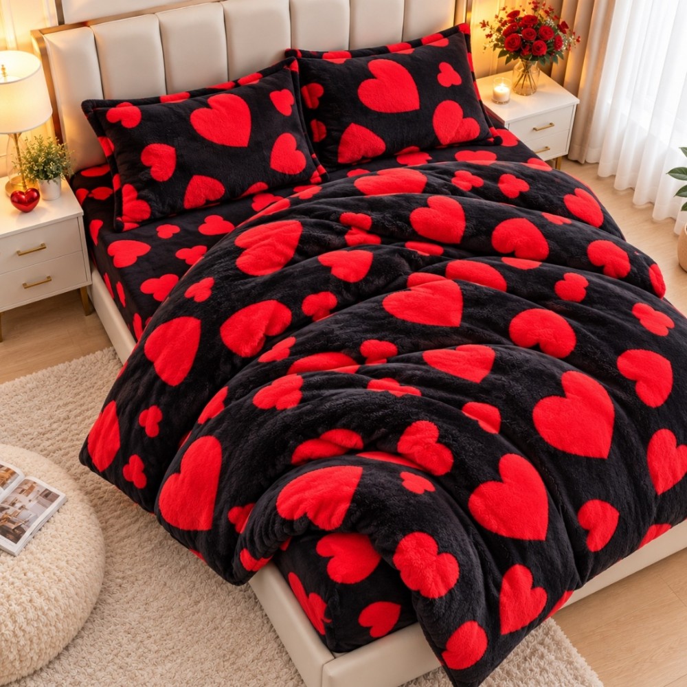 Lenjerie pat dublu, Super Pufoasa COCOLINO, 4 piese, Negru, Inimioare Rosii — imaginea 3
