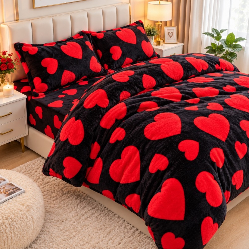 Lenjerie pat dublu, Super Pufoasa COCOLINO, 4 piese, Negru, Inimioare Rosii — imaginea 5
