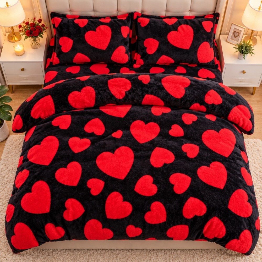 Lenjerie pat dublu, Super Pufoasa COCOLINO, 4 piese, Negru, Inimioare Rosii — imaginea 7
