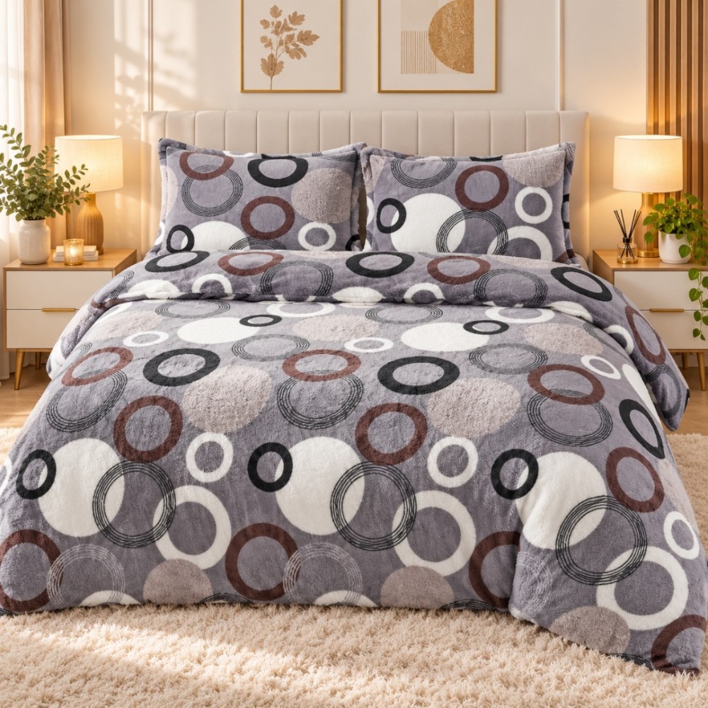 Lenjerie pat dublu, Super Pufoasa COCOLINO, 4 piese, Gri, Cercuri — imaginea 6