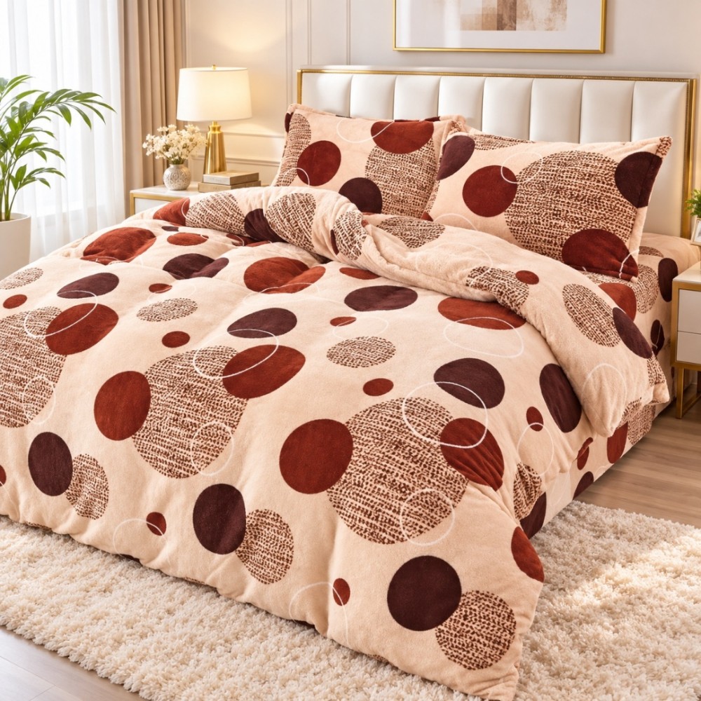 Lenjerie pat dublu, Super Pufoasa COCOLINO, 4 piese, Bej, Maro, Buline — imaginea 2