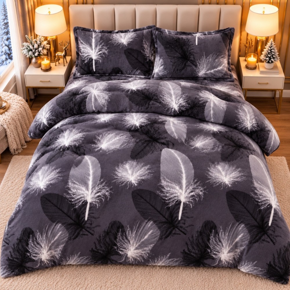 Lenjerie pat dublu, Super Pufoasa COCOLINO,cu ELASTIC, 4 piese, Gri, Pene — imaginea 6