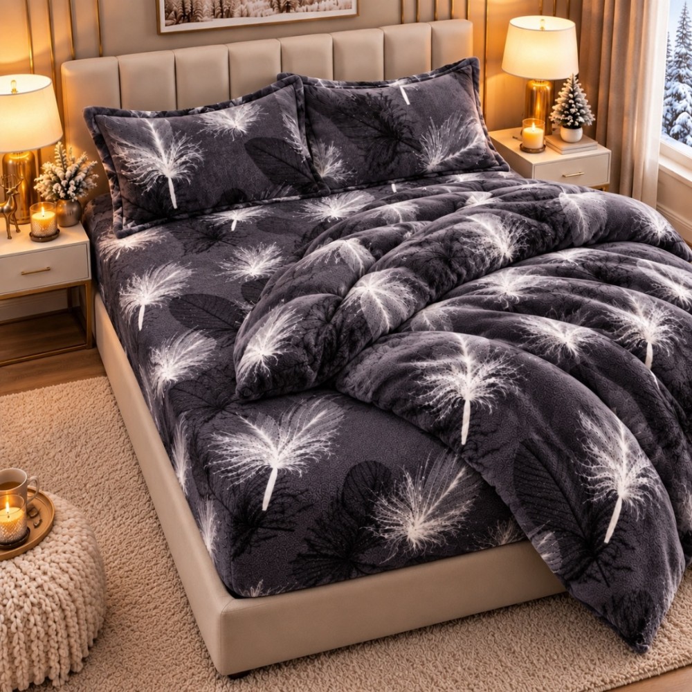 Lenjerie pat dublu, Super Pufoasa COCOLINO,cu ELASTIC, 4 piese, Gri, Pene — imaginea 7