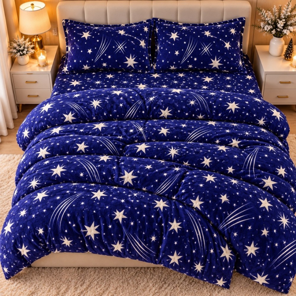 Lenjerie pat dublu, Super Pufoasa COCOLINO, 4 piese, Albastru, Ploaie de Stele — imaginea 3