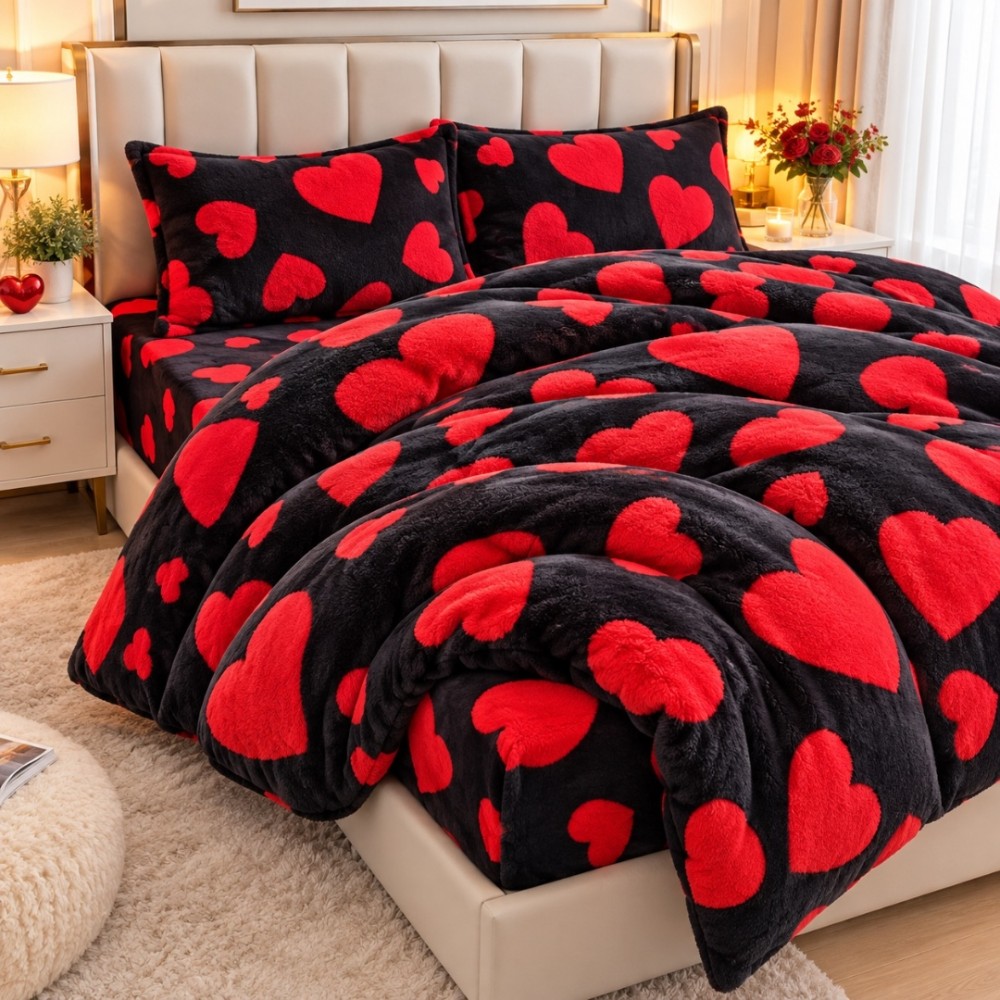 Lenjerie pat dublu, Super Pufoasa COCOLINO, 4 piese, Negru, Inimioare — imaginea 3