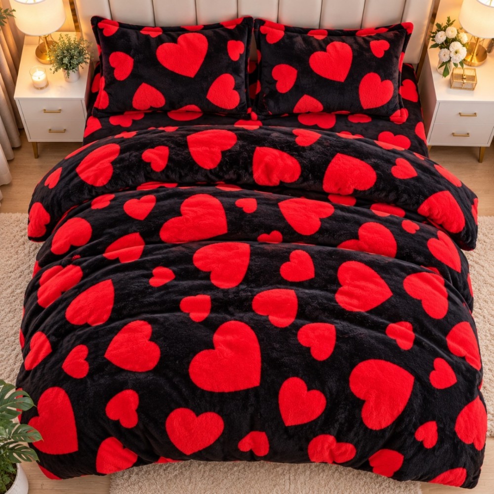 Lenjerie pat dublu, Super Pufoasa COCOLINO, 4 piese, Negru, Inimioare — imaginea 4