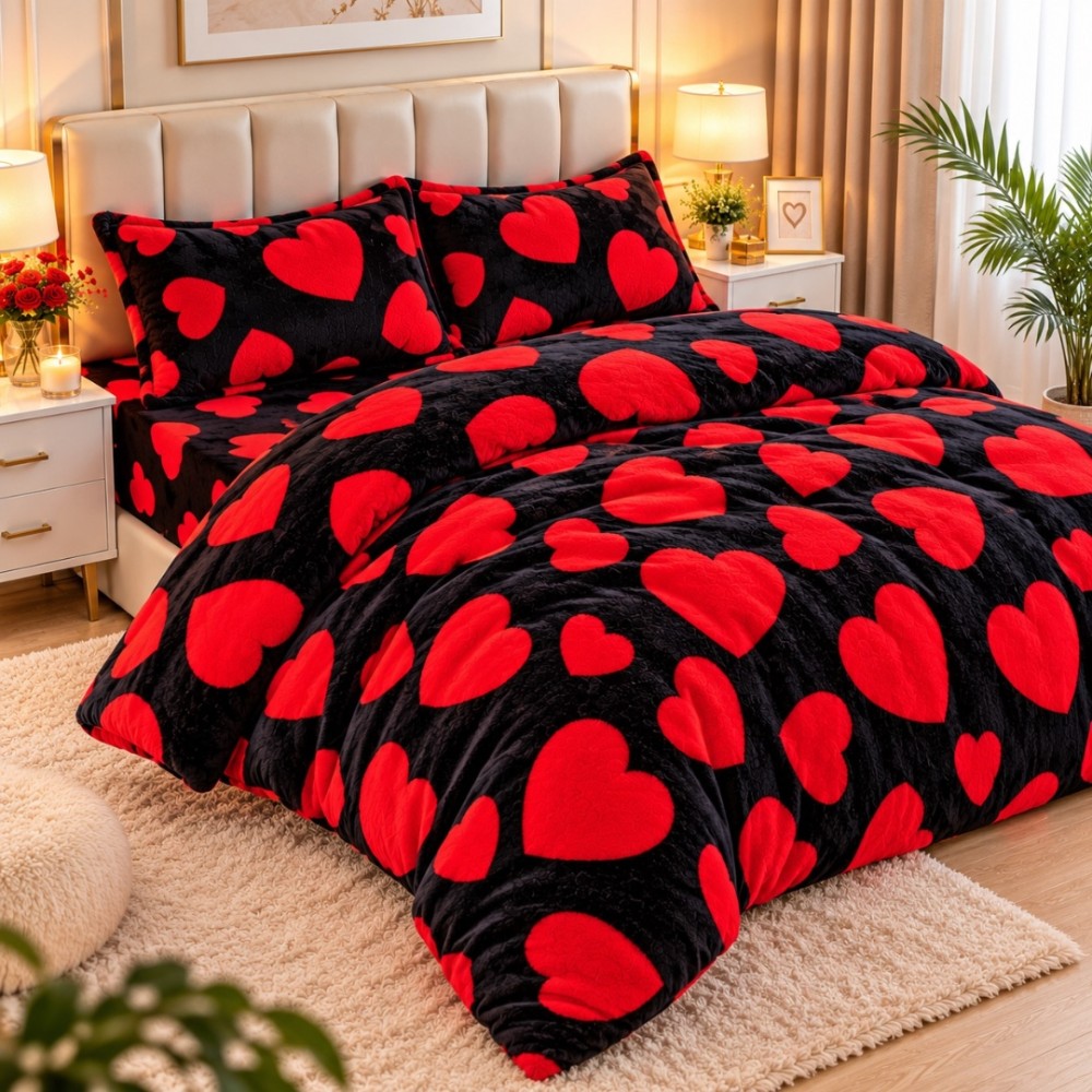 Lenjerie pat dublu, Super Pufoasa COCOLINO, 4 piese, Negru, Inimioare — imaginea 6