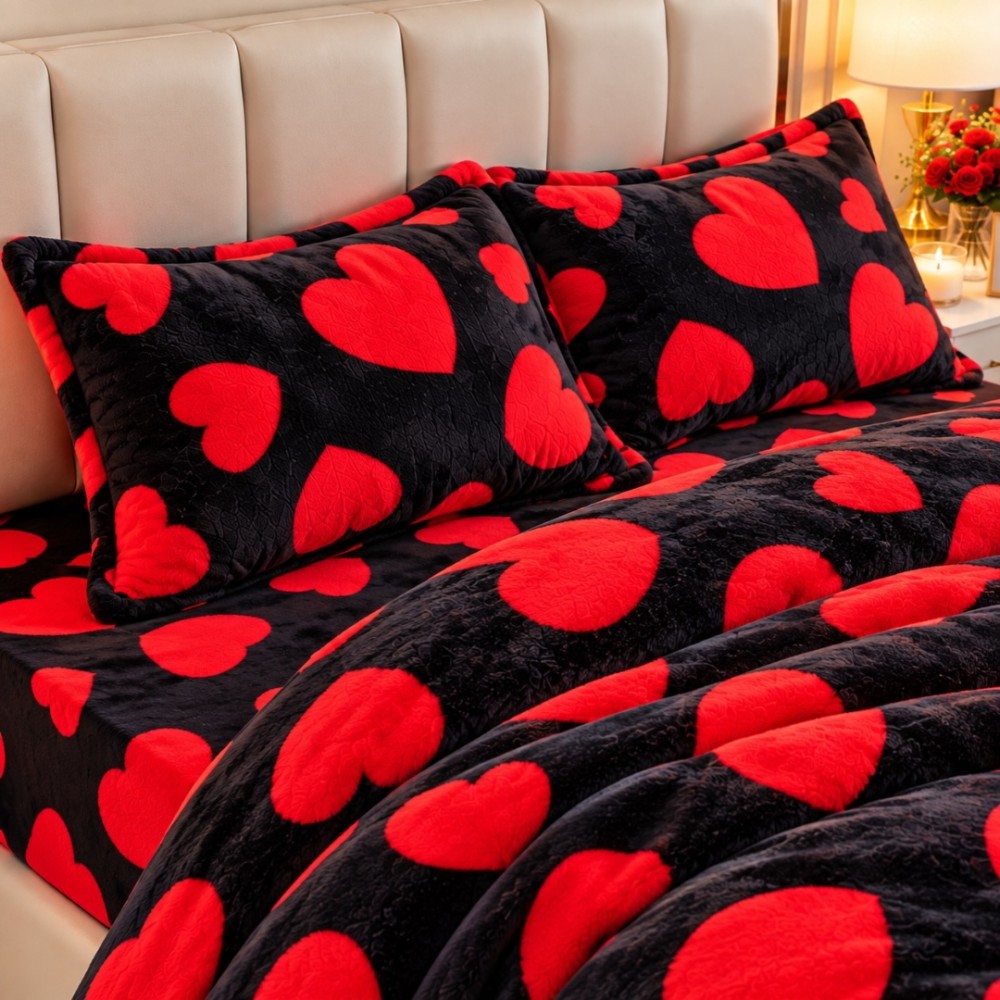 Lenjerie pat dublu, Super Pufoasa COCOLINO, 4 piese, Negru, Inimioare — imaginea 7