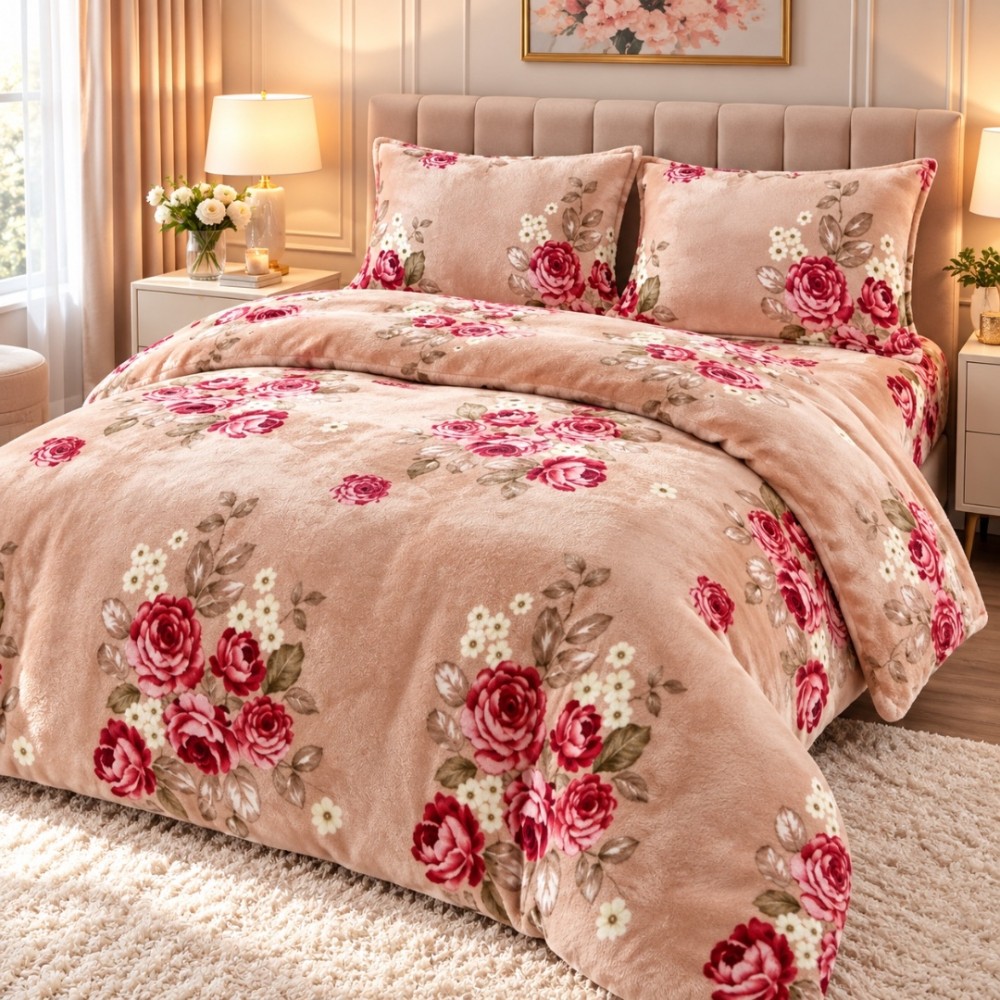 Lenjerie pat dublu, Super Pufoasa COCOLINO,cu ELASTIC, 4 piese, Bej, Flori — imaginea 2