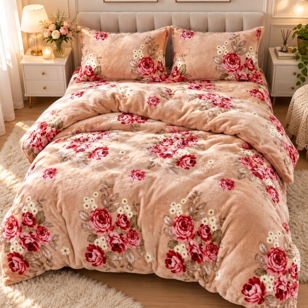Lenjerie pat dublu, Super Pufoasa COCOLINO,cu ELASTIC, 4 piese, Bej, Flori — imaginea 3