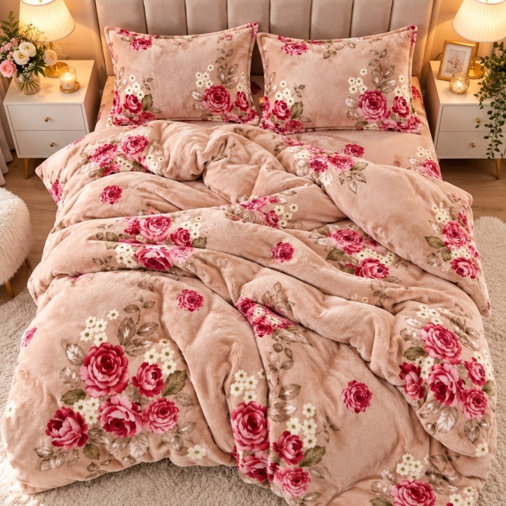 Lenjerie pat dublu, Super Pufoasa COCOLINO,cu ELASTIC, 4 piese, Bej, Flori — imaginea 4
