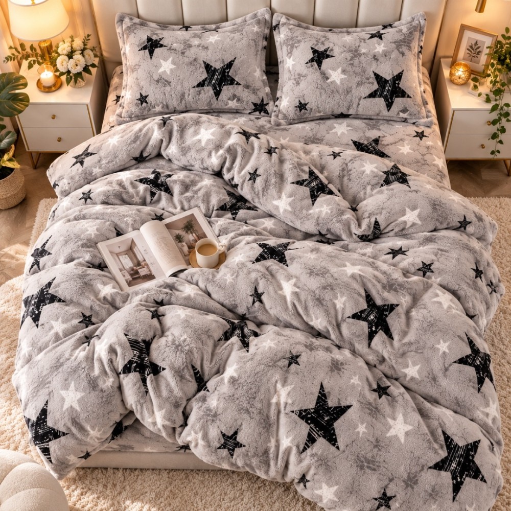 Lenjerie pat dublu, Super Pufoasa COCOLINO, 4 piese, Gri, stelute — imaginea 3