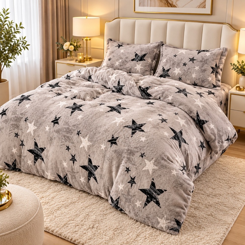 Lenjerie pat dublu, Super Pufoasa COCOLINO, 4 piese, Gri, stelute — imaginea 4