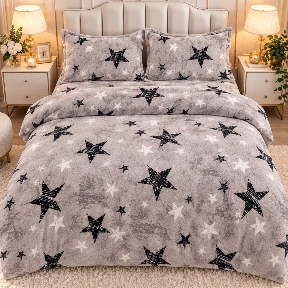 Lenjerie pat dublu, Super Pufoasa COCOLINO, 4 piese, Gri, stelute — imaginea 5