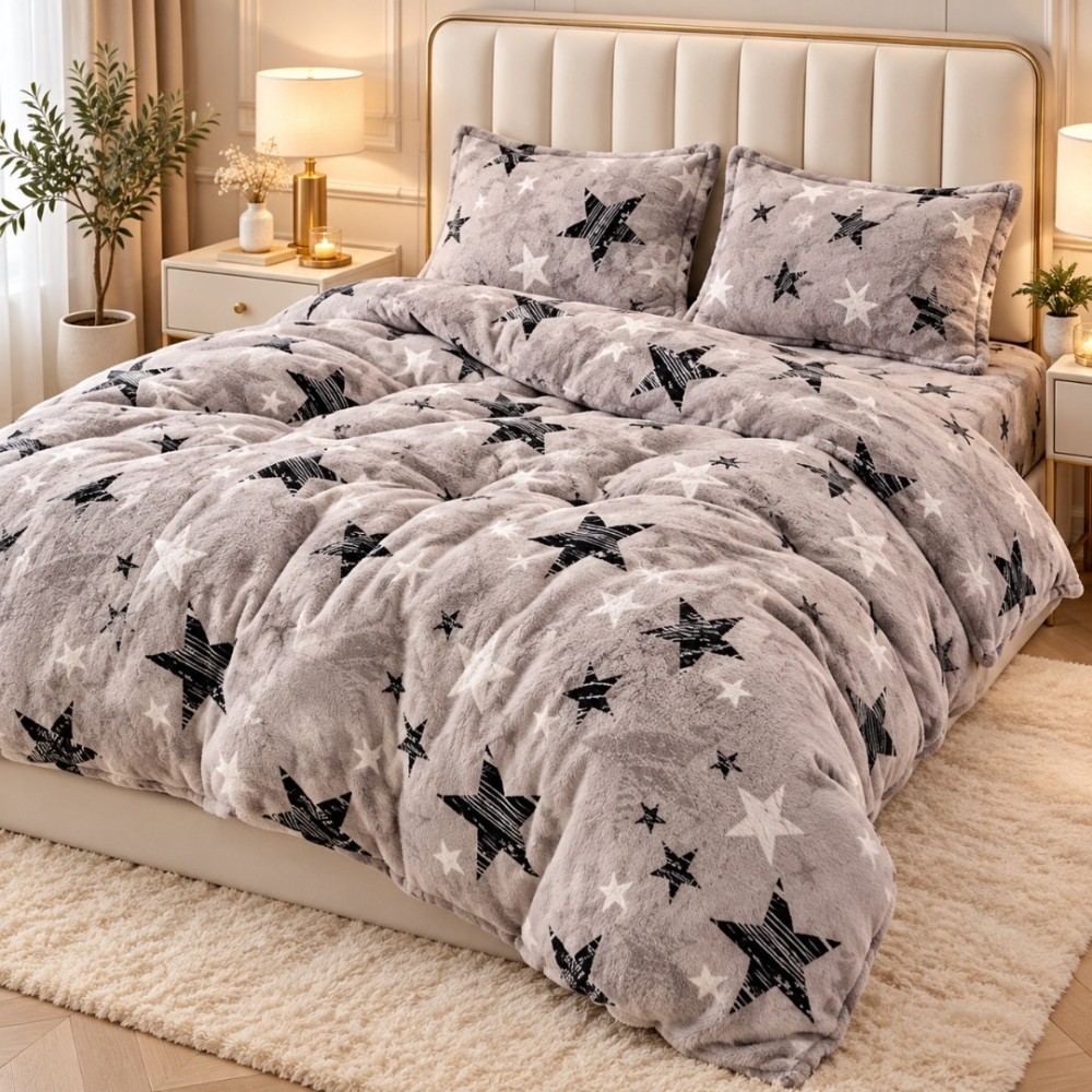 Lenjerie pat dublu, Super Pufoasa COCOLINO, 4 piese, Gri, stelute — imaginea 7
