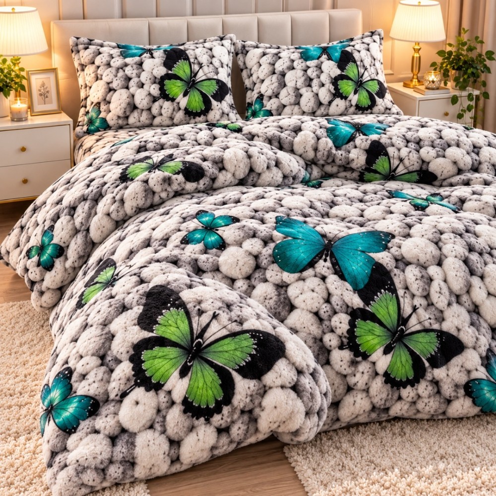 Lenjerie pat dublu, Super Pufoasa COCOLINO, 4 piese, Gri, Fluturi — imaginea 3